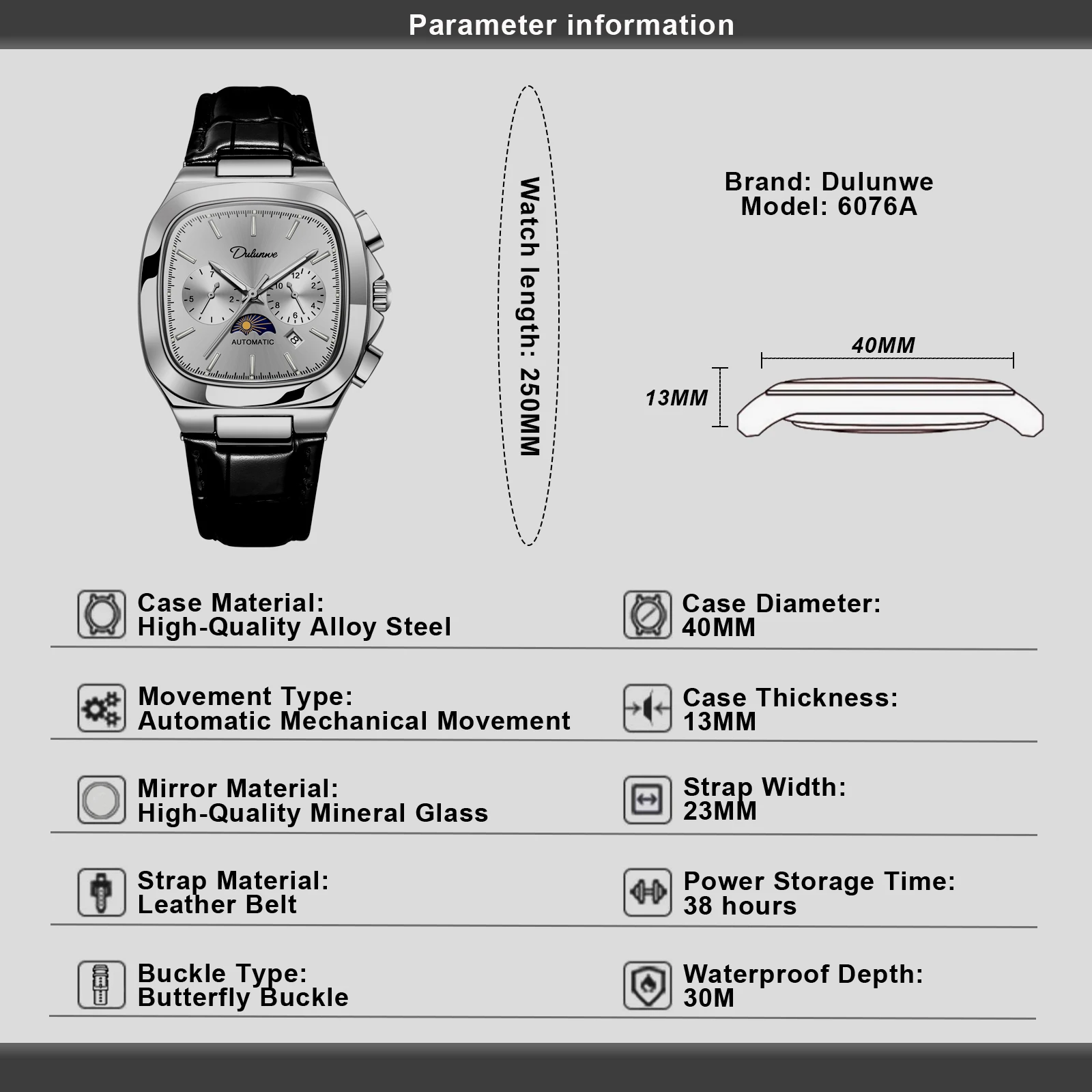 DULUNWE Men's Automatic Mechanical Watch with Calendar, Day, Moon, and Stars; Square Dial Sports Watch, Relógio Masculino