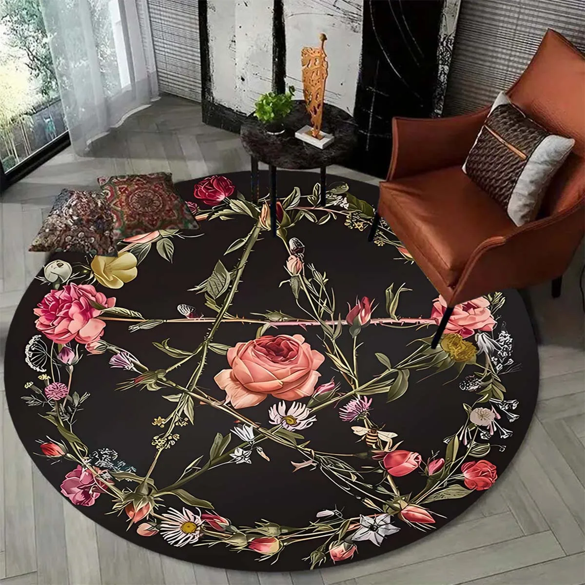 1pc 2D Flat Round Rug with Five-pointed Star & Floral Print, Washable & Fade Resistant Mat for Living Room Bedroom Office
