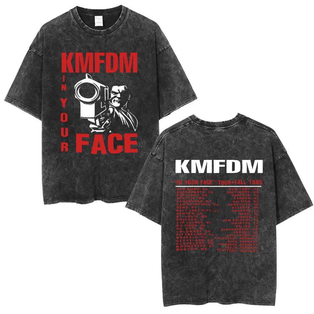 

Випраная винтажная рок-группа Kmfdm in Your Face Tour Fall 1845, футболка для мужчин и женщин, футболка в стиле ретро, готический панк, мужская повседневная хлопковая футболка