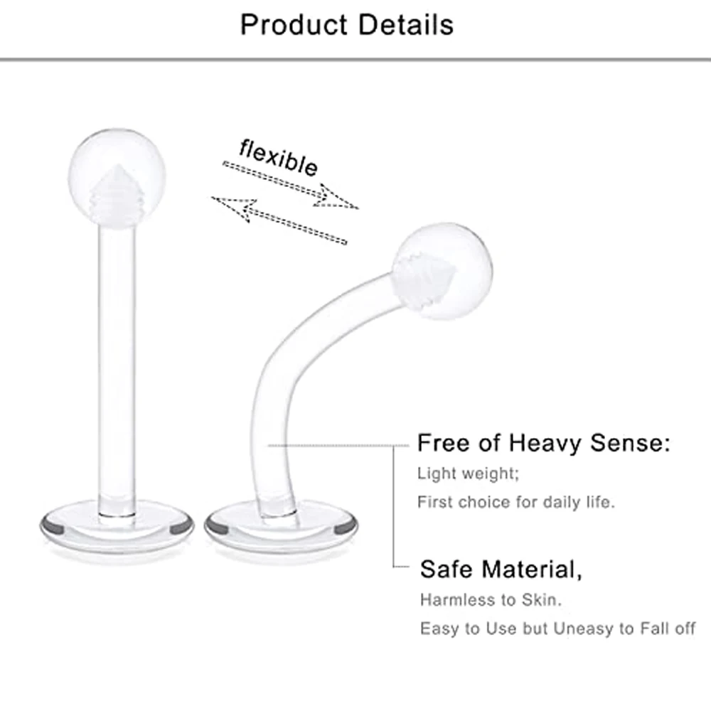 2pcs Barbell Tongue Belly Ring Invisible Nose Rings Clear White Acrylic Ball Punk Bar Lip Ring Silicone Eyebrow Body Piercing