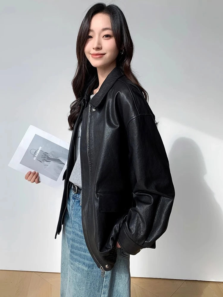 여성을위한 빈티지 정품 가죽 폭격기 재킷 봄 가을 하이 엔드 단순 캐주얼 루즈 피트 소프트 블랙 진짜 양피 코트