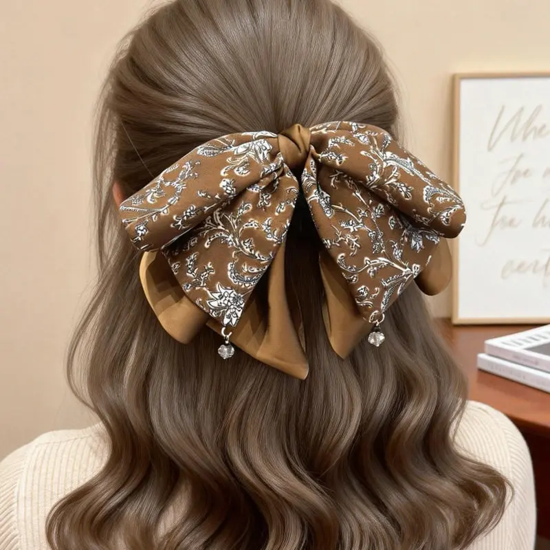 

Заколка для волос в французском стиле для женщин, ретро-заколка с цветочным атласным бантом для хвоста, заколка-автомат, аксессуар для волос