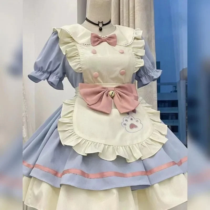 Robes de demoiselle d'honneur avec nœud Kawaii Lolita, avec tablier imprimé patte, tenue de Cosplay douce de Style japonais pour fille, Costume Anime doux à manches courtes, nouveau