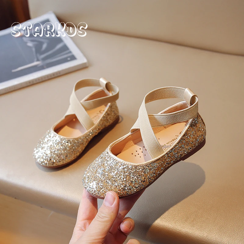 Glitter Ballerina Shoes Girls Luxury Bling Bling Party Dress Ballet Flats with Cross Tied Elastic Band in Gold Pink Color