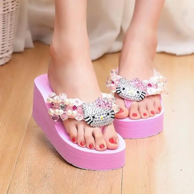 Anime Kawaii Sanrios Slippers Hellokittys Girl Flip Flops Rhinestones Gem Pearl Beach Thick Sole Rubber Send Gifts To Friends