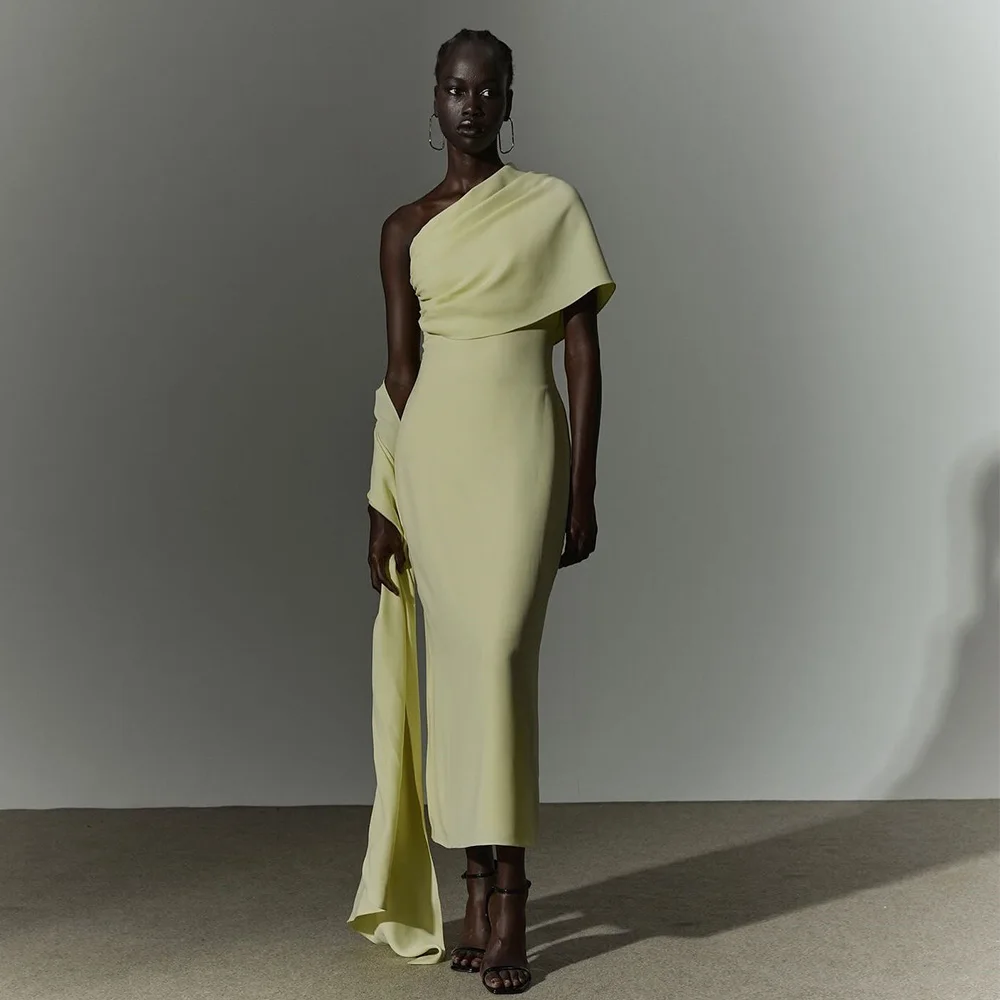 

Midi Party Dress Light Yellow One Shoulder Draped Sheath/Column Prom Gowns for Women 2025 Sleeveless Tea Length Evening Dresses