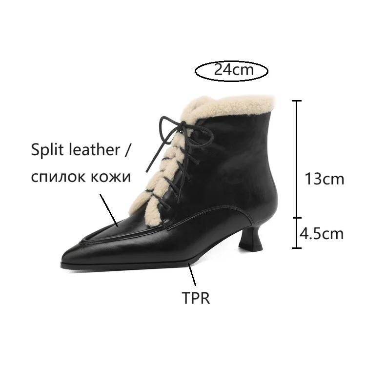 NEW Winter Women Shoes Split Leather Shoes for Women Pointed Toe Kitten Heel Shoes Elegant Modern Boots Wool Blend Ankle Boots