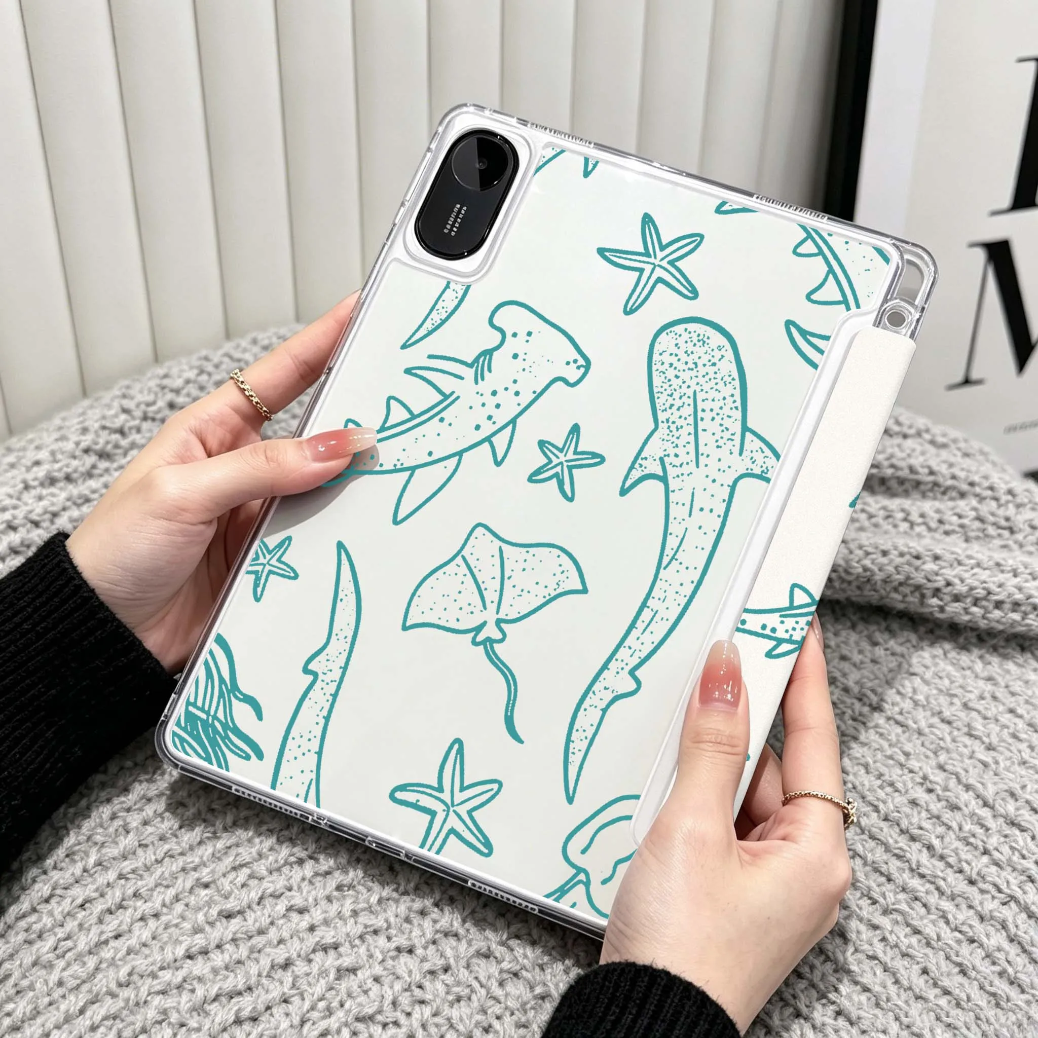 Cartoon shark Case For Xiaomi Redmi Poco Pad 5 6 7 8 Pro SE 11 11.2 12.1 Inch Transparent Y-Shaped Folding Tablet