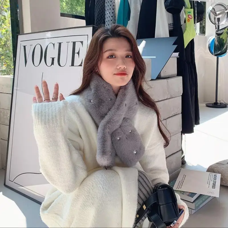 

Зимний шарф из искусственного кроличьего меха для женщин и девочек, корейский шарф, мягкие плюшевые шарфы, однотонный шейный воротник, теплые вещи, рождественский подарок