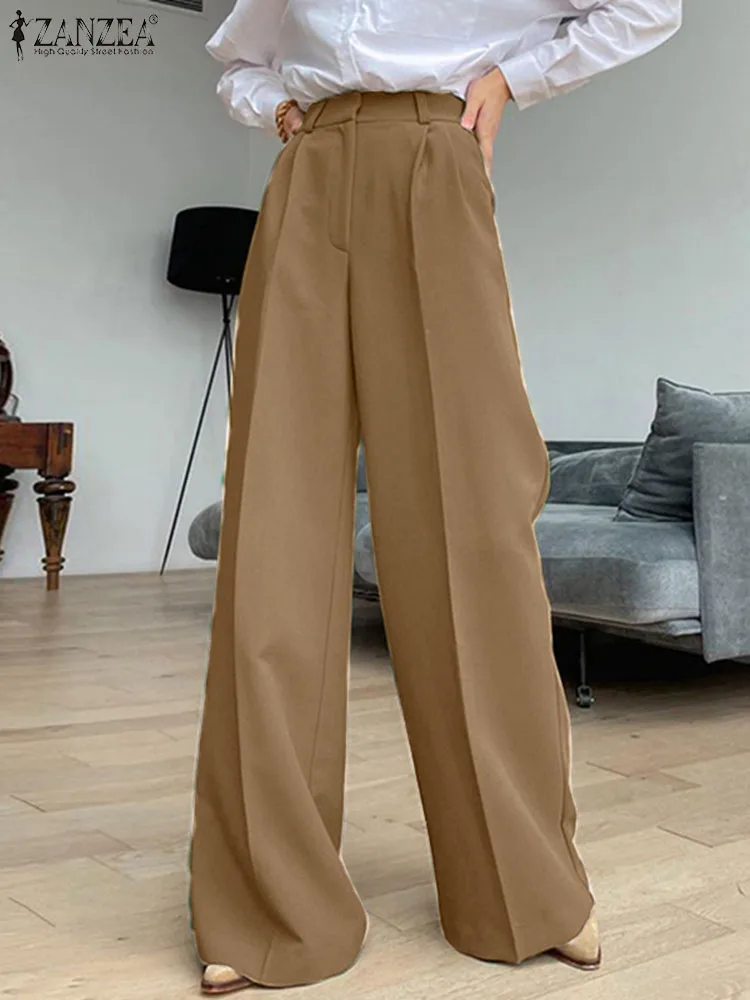 

ZANZEA Women Solid Color Trousers Wide Leg Pants 2024 Autumn Elegant Office Lady Casual Fashion High Waist Pantalones Femme