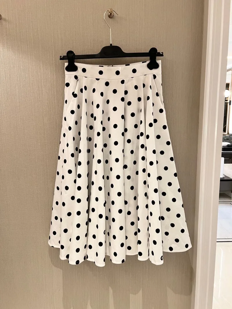 High Quality Summer Women Fashion Runway Designer Cotton High Waist Polka Dot Printed Big Swing Beach Holiday A-Line Skirts