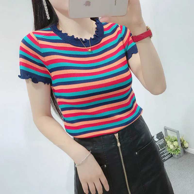 Fashion Printed O-Neck Spliced Ruffles Striped Blouse Women's Clothing 2023 Summer New Casual Pullovers Loose Korean Shirt