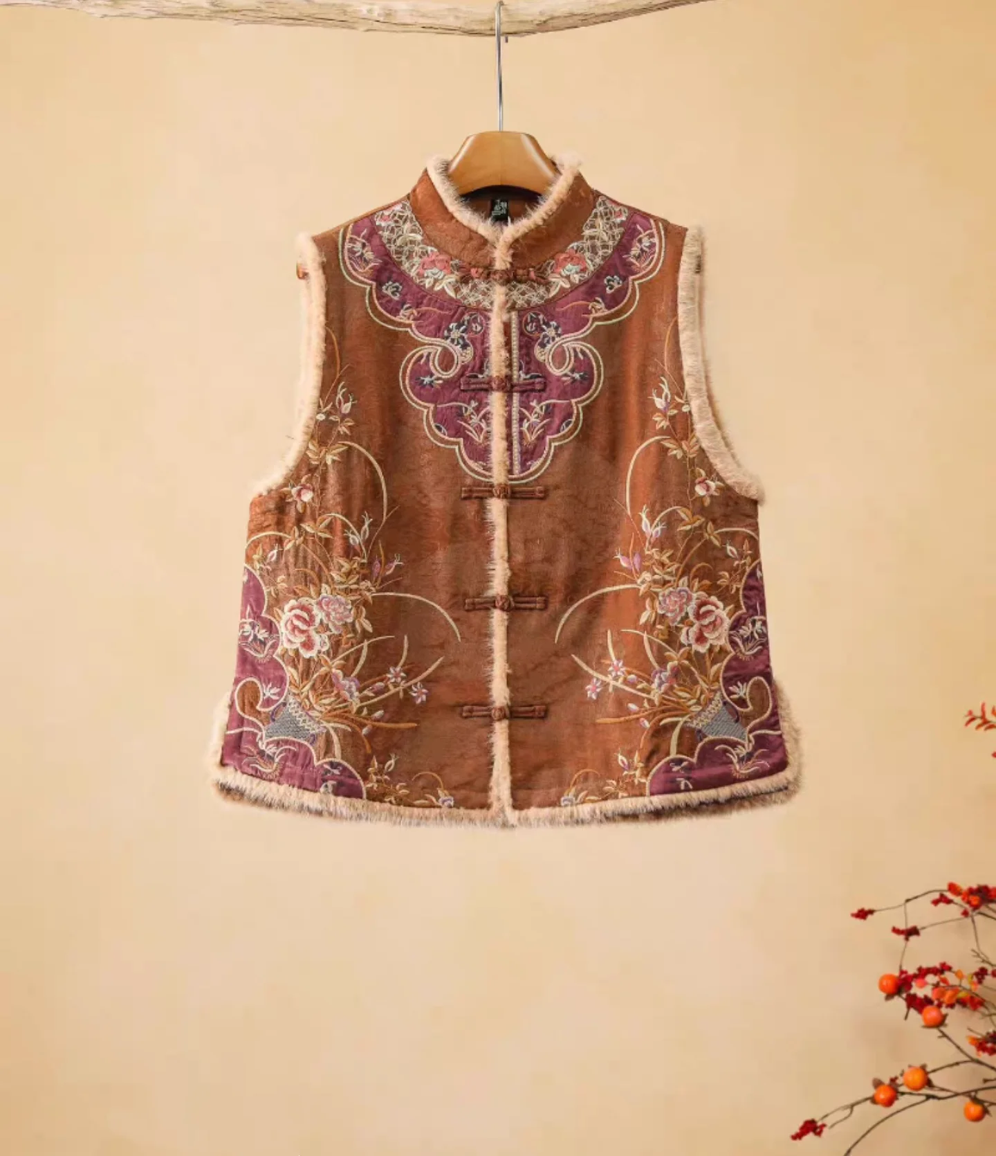 Original padded vest for women Chinese style stand collar embroidery winter clothes Mink fur splicing warm outerwear