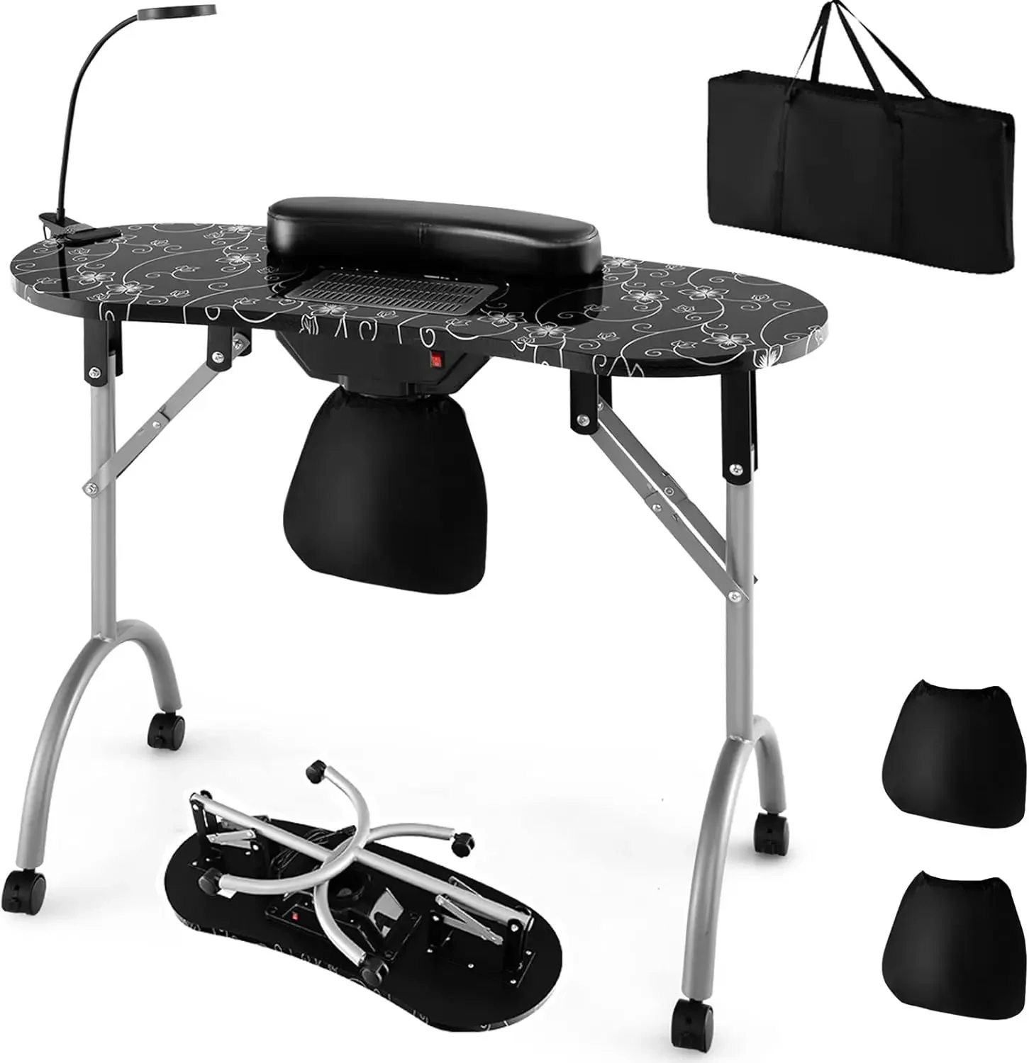 Nail Table for Nail Tech, Portable Manicure Table with Electric Dust Collector, USB-plug LED Lamp, Wrist Rest, 4 Lockable Wheels