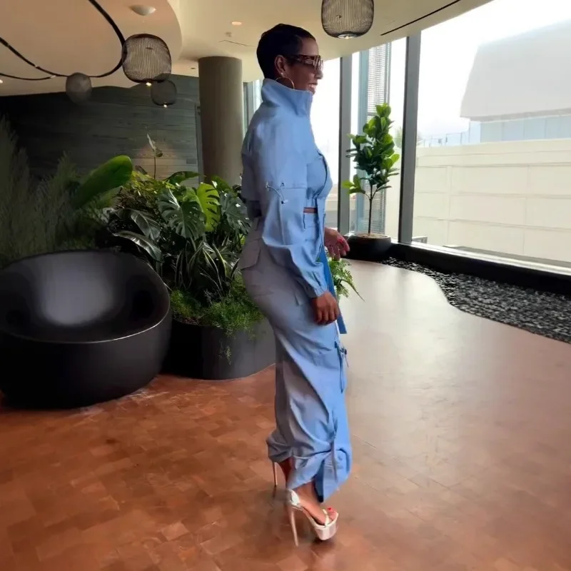 Streetwear Dwuczęściowy zestaw dla kobiet Odzież Zamek błyskawiczny Kurtka z golfem Wstążka Top i spodnie Cargo Dopasowane zestawy Stroje Dresy