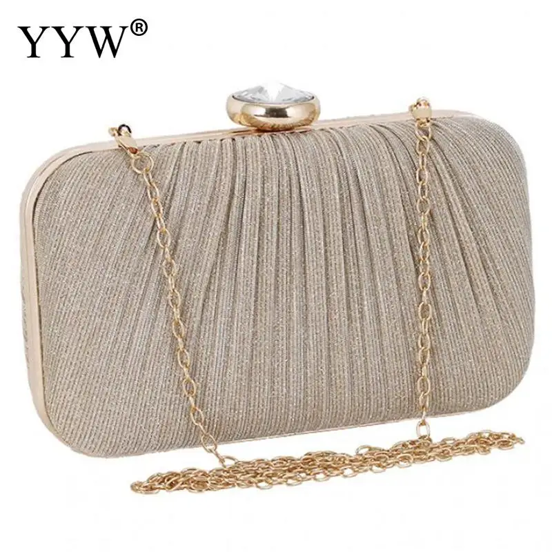 Elegant Matte Pleated Women Evening Handbag Round Crystal Clutch Bag Soft PU Leather Banquet Messenger Purse Single Metal Chain