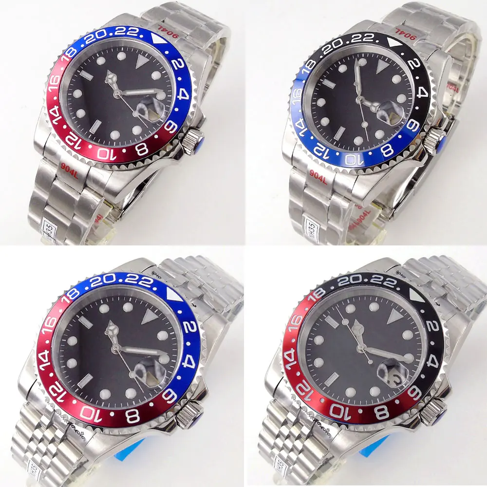 SUB NH35A MIYOTA Black Blue/Blue Red Insert Automatic Men Watch 40mm Case Brush Oyster Bracelet Date Magnifier