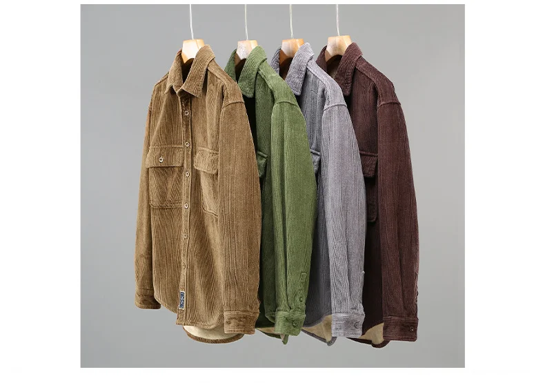 Harajuku Winter Mens Shirts Daily Causal Fleece Warm Top Solid Color Corduroy Long Sleeve Shirt with Pockets Loose Vintage Shirt