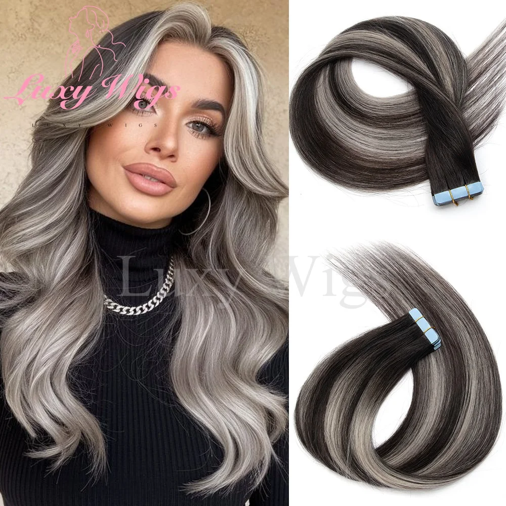 

Highlights Gray Tape in Hair Extensions Human Hair Straight Black Blonde Seamless PU Skin Weft Tape In Hair Extensions 20PCS