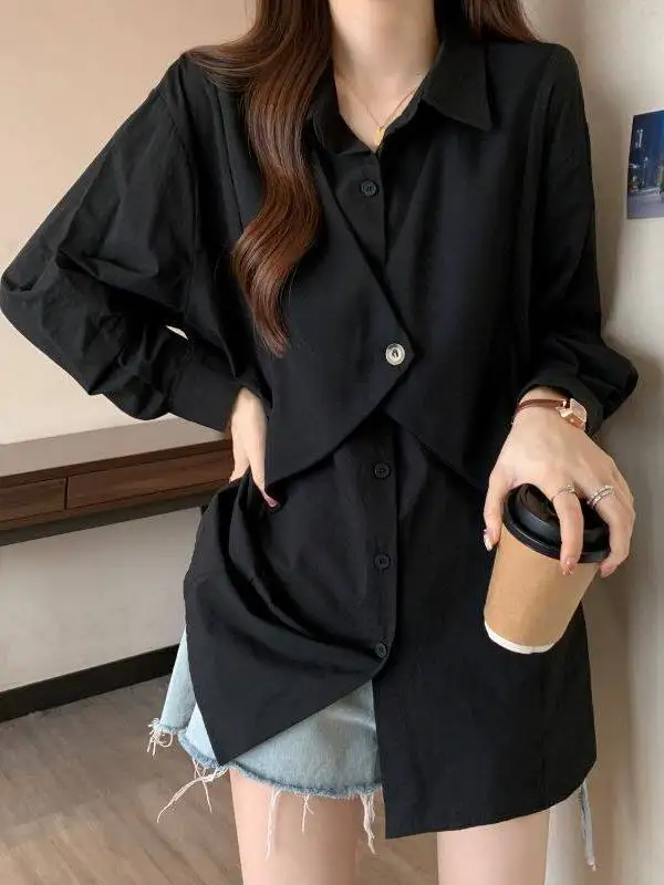 

Loose plus Size Women's Shirt Vest Spring Autumn Thin Design Sense Splice Shirt Women's Long Sleeve Collar Mid-Length Coat