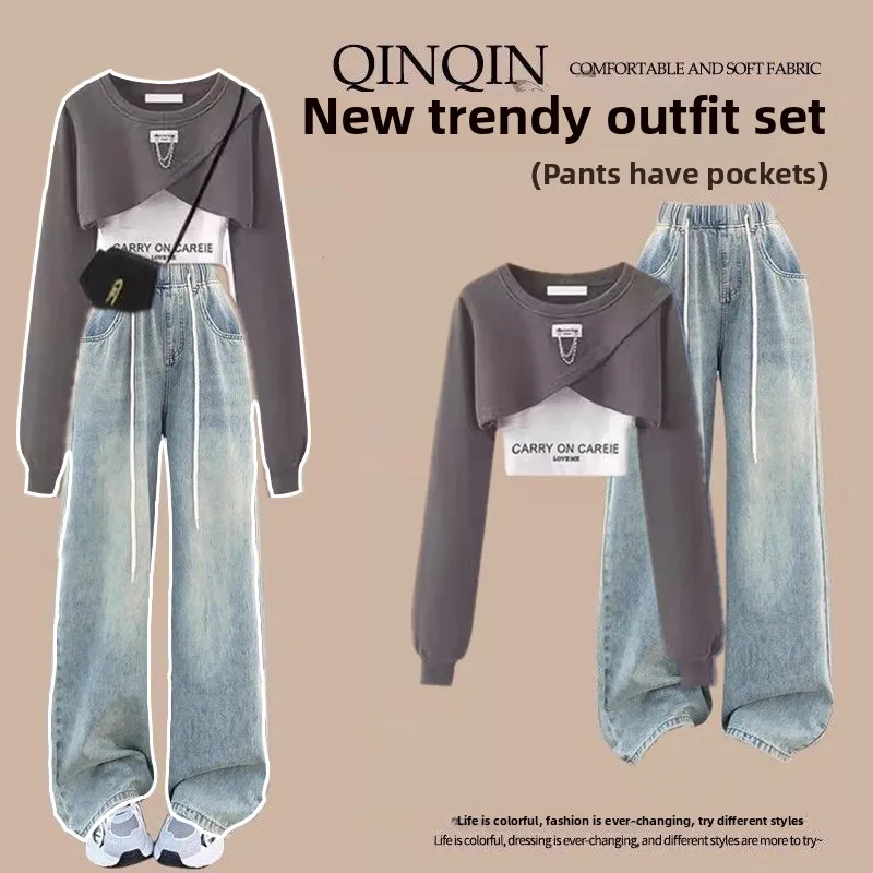 Spring Autumn Short Sweatshirt Jeans Wide Leg Pants Three Piece Set Slimming Effect 2026 New Arrival Online Exclusive Cotton ...