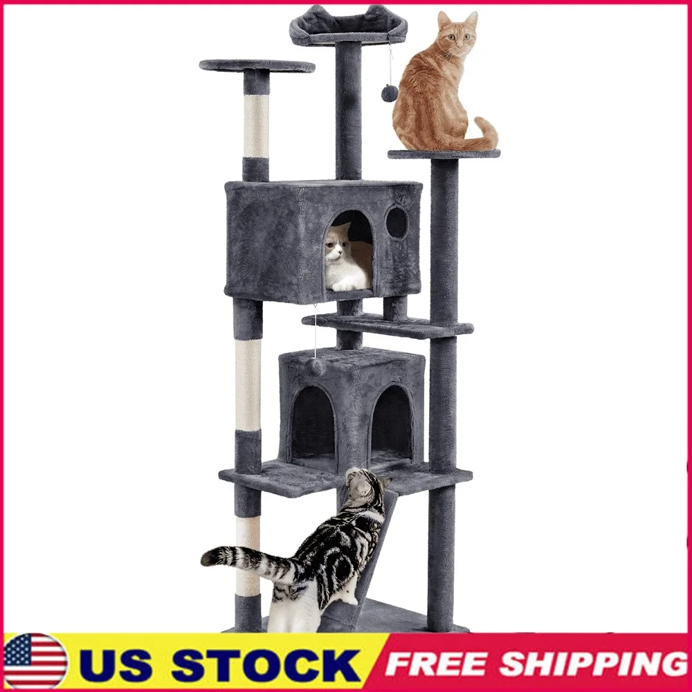 

80 Inch Tall Multilevel Cat Tree with 2 Condos 3 Scratching Posts Durable Plush Furniture Multiple Kittens Safe Play Area