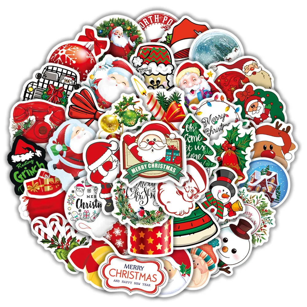 100Pcs Aesthetic Christmas Stickers Santa Claus Christmas Tree Cartoon Cute Decals for Scrapbook Greeting Cards Xmas Gift