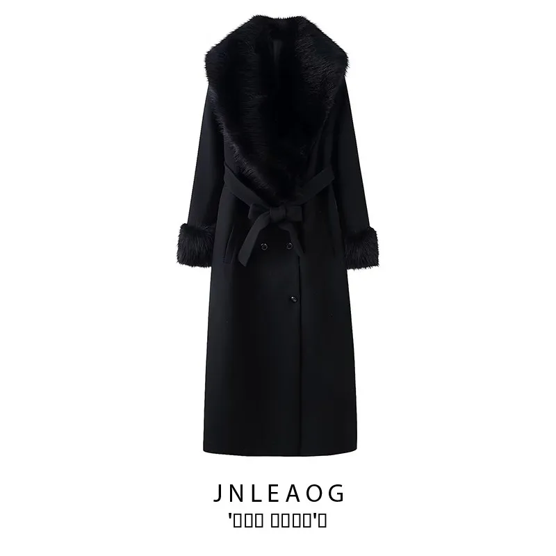 

JNLEAOG женское длинное шерстяное пальто, осеннее новое пальто из полиэфирного волокна, длинное пальто с меховым воротником на пуговицах