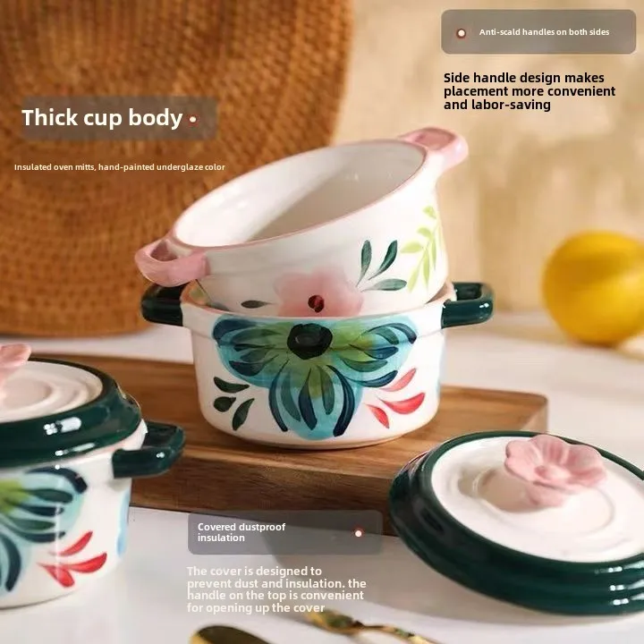 Double Ear Covered Steaming Baking Bowl with Underglaze Color Design Water-resistant Heat-resistant Bird's Nest Pot for Stewing