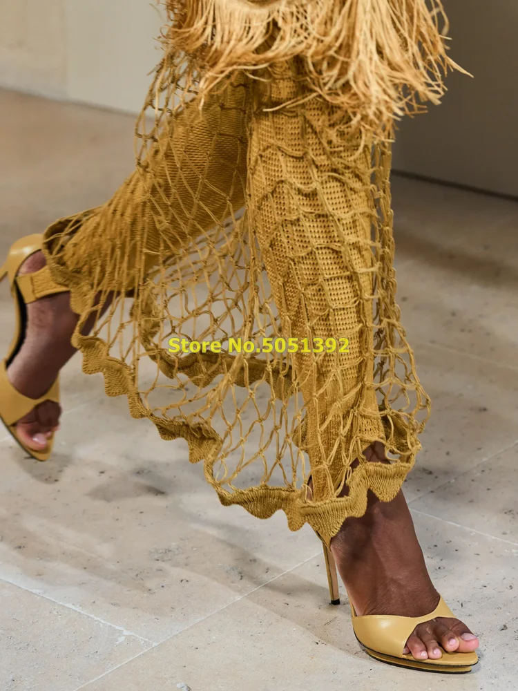 

Leather Stiletto Heel Sandals Open Toe Solid Ankle Strap Blue Black Yellow Runway Women 2024 Summer Sandals Concise Shoes