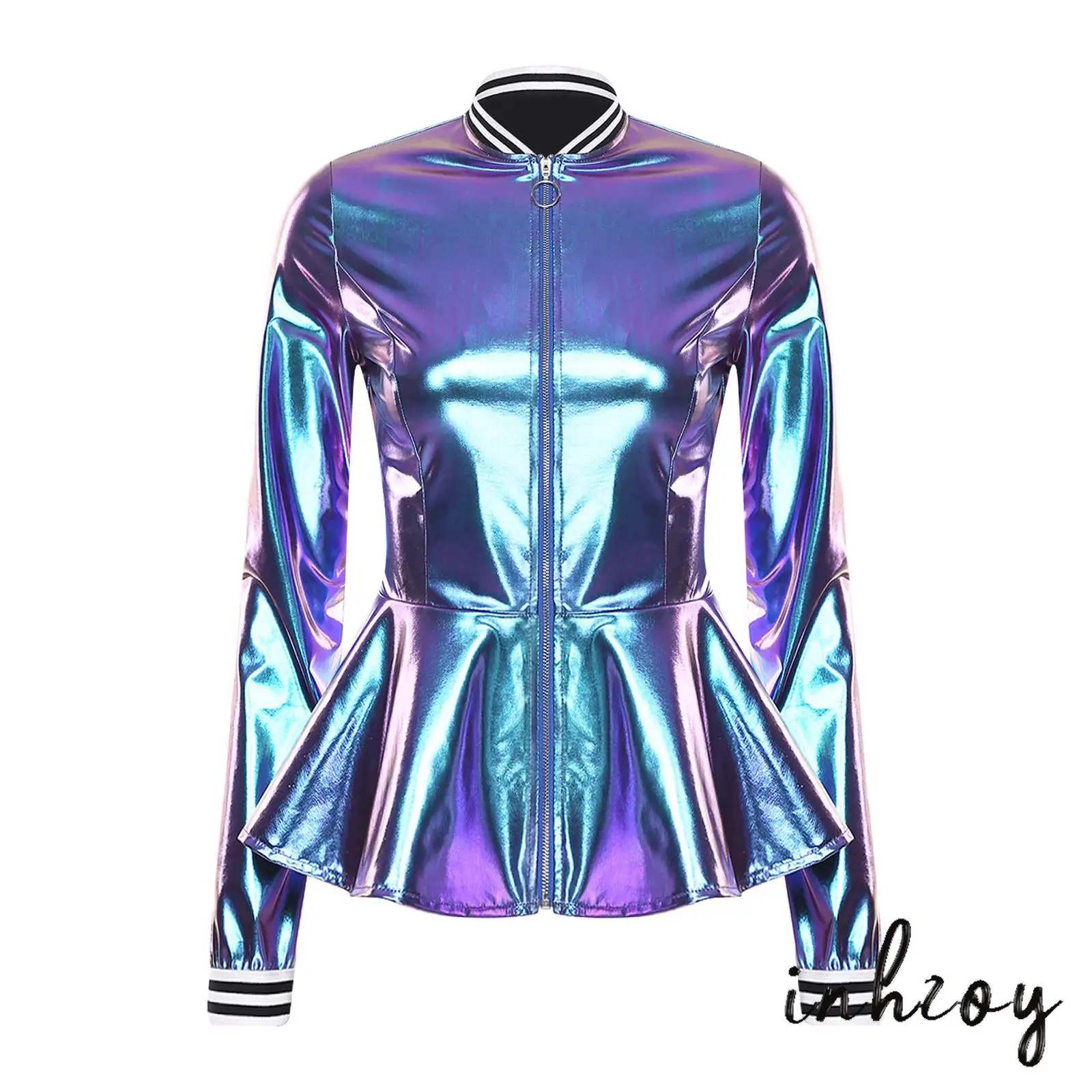 

Womens Metallic Shiny Bomber Jacket Long Sleeve Front Zip-up Ruffled Peplum Baseball Jacket Outerwear for Rock Jazz Disco Dance