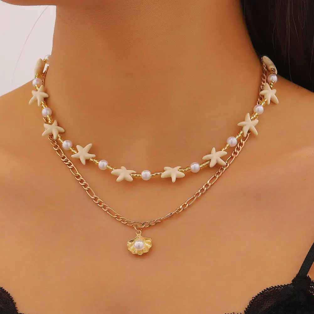 Bohemia Starfish Faux Pearl Necklace Lightweight Hypoallergenic Women Shell Pendant Golden Chain Necklace Ocean Beach Neck Jewel