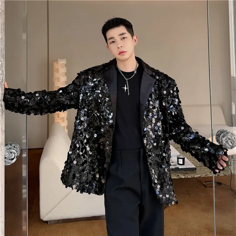 

Korean Men's Sequins Blazer Glitters Bling Suit Jackets Singer Stage Shiny Clothing Black Silver Oversize Party Suit Coat Man