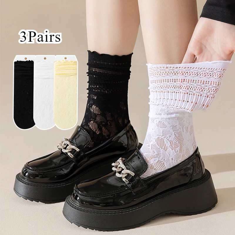 3 pares de calcetines finos de encaje para mujer, calcetines bonitos de algodón con flores huecas Vintage para mujer y niña, calcetines de princesa transpirables para mujer