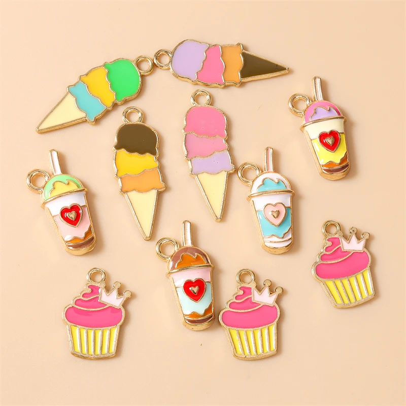 10 Stück niedliche Emaille-Anhänger in Form von Lebensmitteln, Eiscreme und Getränken für die Schmuckherstellung, zum Beispiel für Ohrringe, Halsketten und Armbänder – ideal für DIY-Bastelarbeiten. – Detail 3