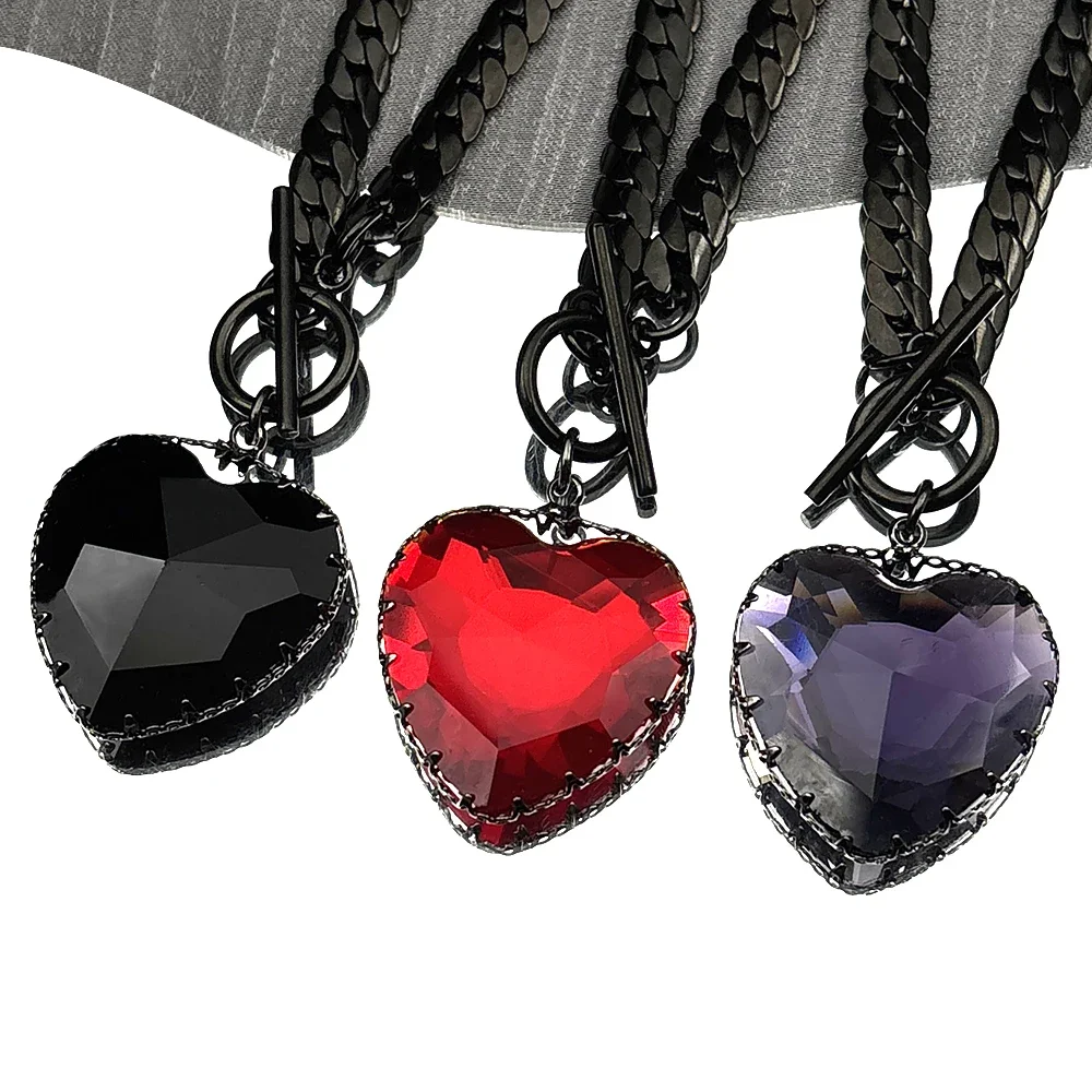 Gothic Punk Red Heart Glass Pendant Necklace for Women Men Stainless Steel Black Color Clavicle Chain Choker Necklaces Jewelry