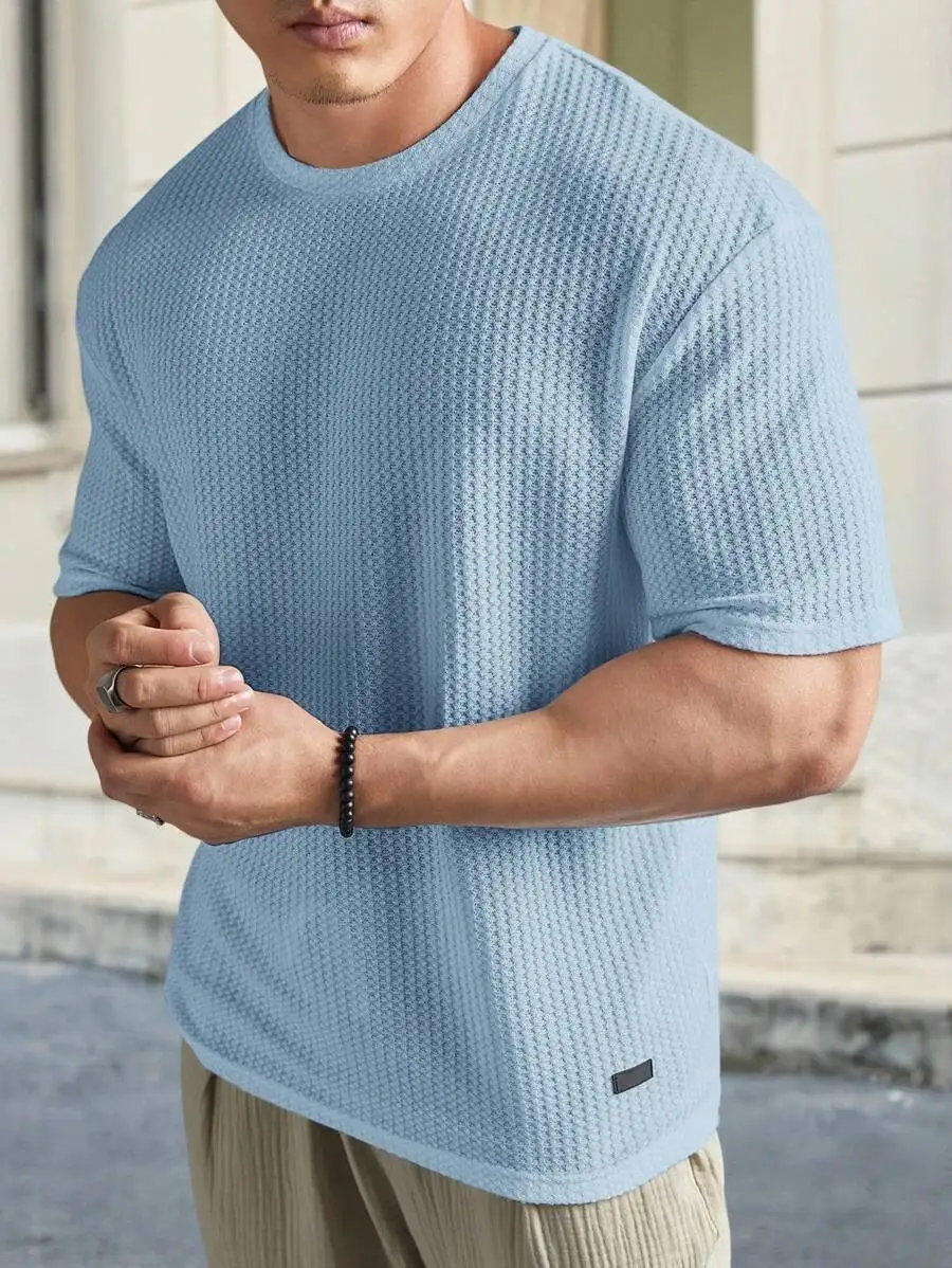 

Loose Fit Men's Light Blue Waffle Knit Round Neck Casual T-Shirt