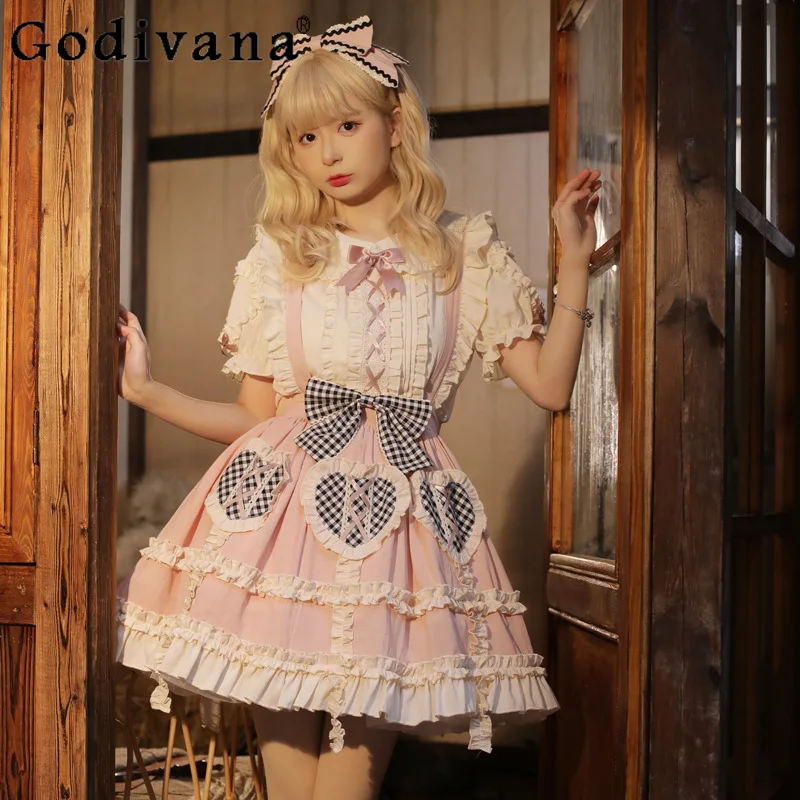 Japanese Original Ruffles Lolita Skirt Women High Waist Elegant Beautiful Pink Ball Gown Skirt Girl Suspender Skirt White Shirts