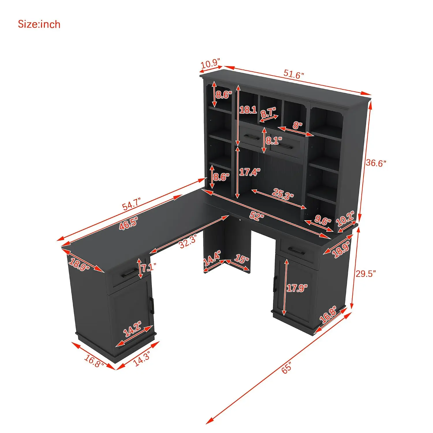 L-Shaped Gaming Desk with Hutch, Corner Desk with Drawers and Cabinet, Home Office Computer Desk with Open Storage, Customized