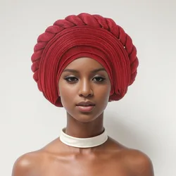 2024 Newest Red African Auto Gele Headtie Turban Hat Nigerian Women Wedding Traditional Headware Cap JY803-1