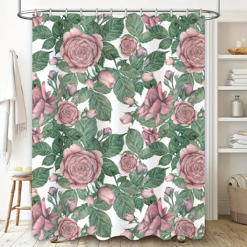 ستارة دش أنيقة بطبعة أوراق خضراء على شكل وردة مقاومة للماء لتزيين الحمام ديكور المنزل وردي 72 × 84 بوصة #2