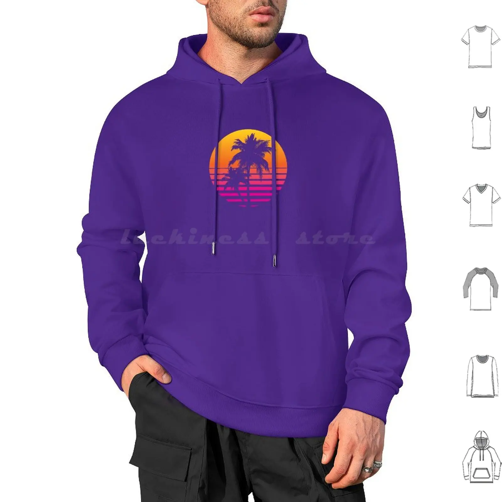 Synthwave Sunset Hoodie cotton Long Sleeve Miami 80s Eighties Synth Music Synthwave Retro Vintage Summer Vibes Beach Palm