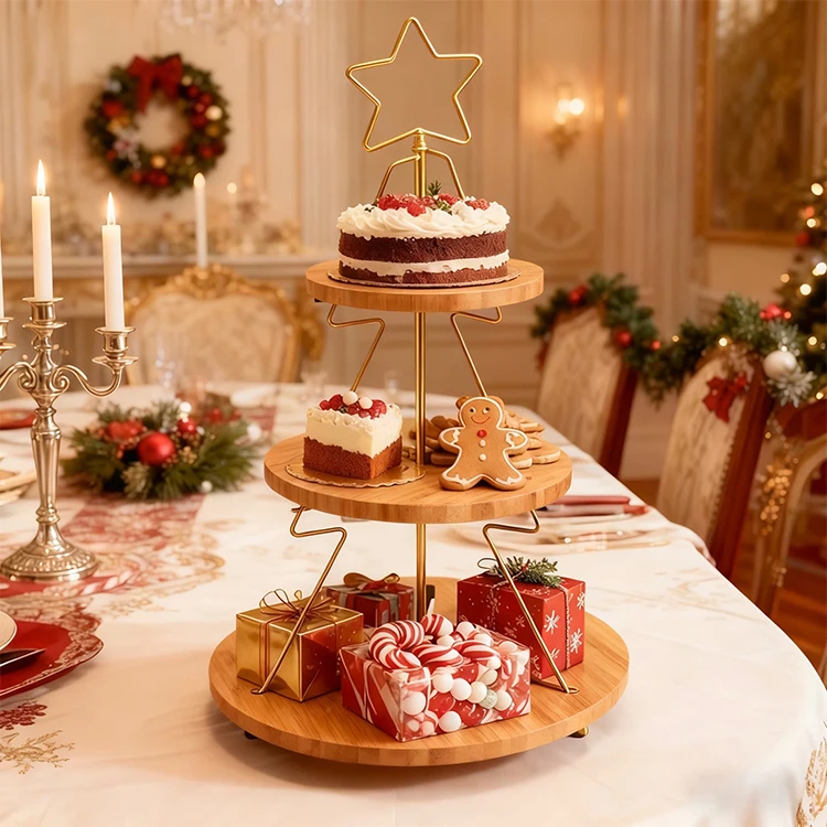DaS Light Luxury Premium  Three Tiers Cupcake Stand Christmas Tree Shape Cake Stand Snack Stand with Bamboo Tray