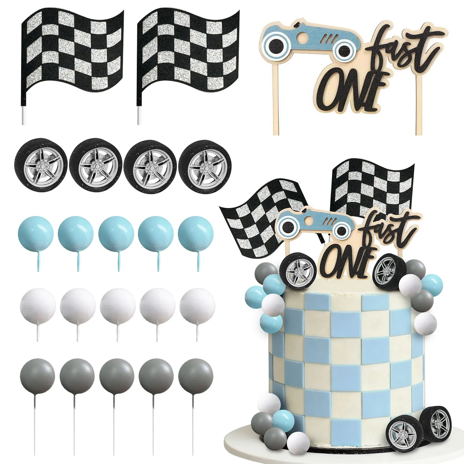 22 Uds. Adorno rápido para tarta de un cumpleaños, adorno para tarta de coche de carreras de madera, adornos para tarta con rueda de bandera, decoraciones para fiesta de cumpleaños y Baby Shower