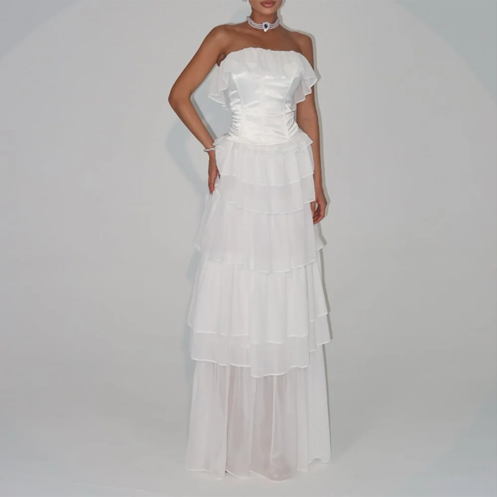 

Customized Strapless A-Line Evening Dresses Backless Tiered Ruffles Draped Floor-Length Prom Gown Simple White Long Party Dress