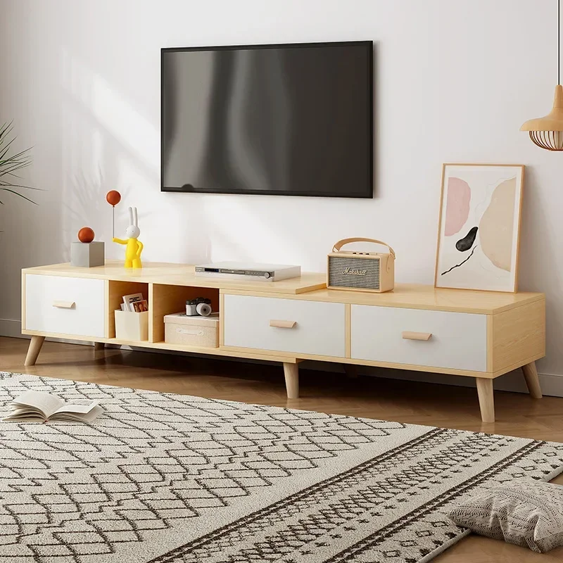 TV Cabinet Telescopic TV Floor Cabinet Coffee Table Combination Small Apartment Nordic Simple Living Room Solid Wood Legs