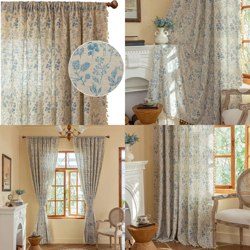 

Elegant Blue Floral 84 Boho Curtains, 2 Panels, Perfect for Living Room, Country Farmhouse Style, Vintage French Drapes with Flo