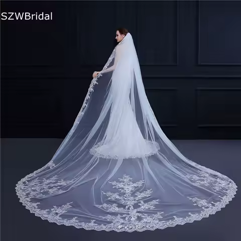 Wholesale made Long Edge Lace Appliques Bridal veil Metal Comb Veu de noiva longo Cheap wedding veils long Weed accessories