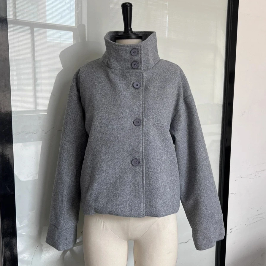 Women Winter Wool Blend Short Jacket Elegant Stand Collar Single Breasted Loose Warm Coat Casual Streetwear Женская куртка
