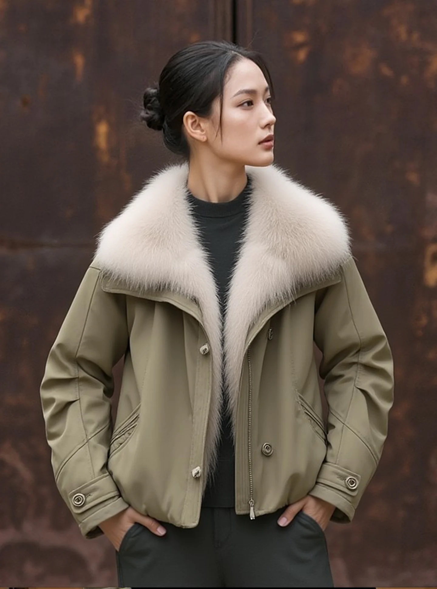 เสื้อแจ็คเก็ตดาวน์สำหรับผู้หญิง รุ่นทหาร สำหรับฤดูหนาว เสื้อคลุมลำลอง ทรงปกติ สีขาว ไส้ขนเป็ด